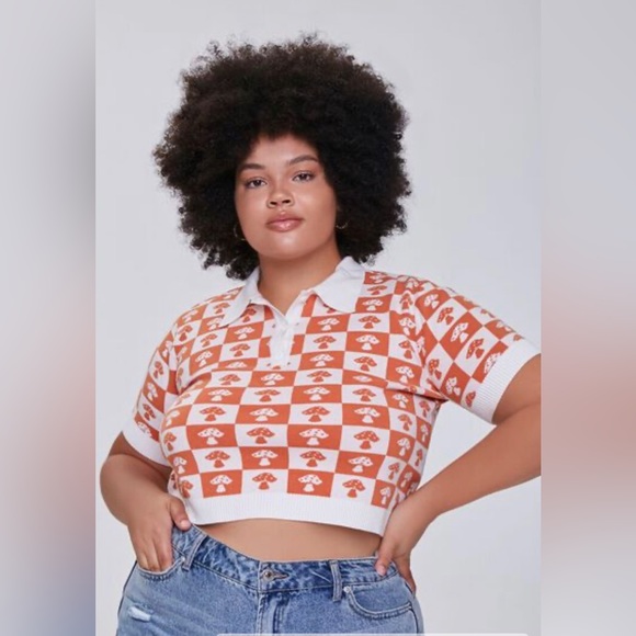 Forever 21 Tops - Mushroom Sweater-Knit Checkered Shirt Forever 21